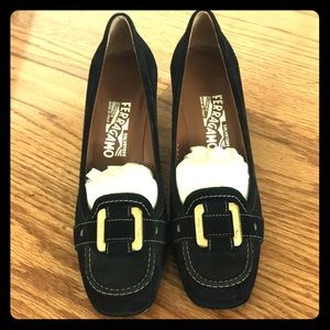 Ferragamo black suede NEW gold buckle pumps